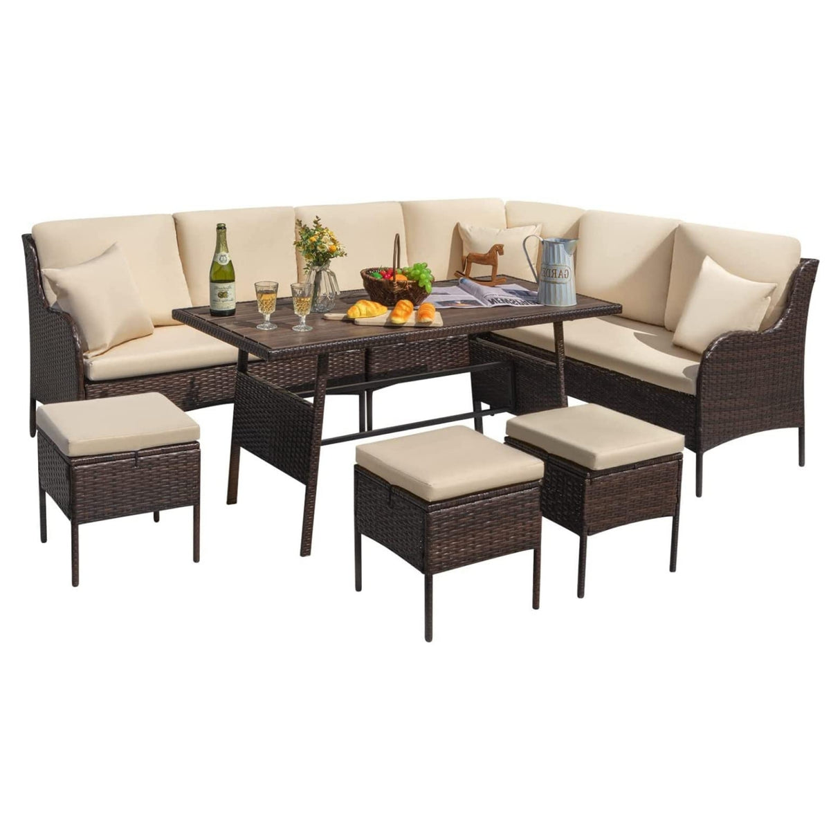 6 Piece Outdoor Patio Furniture Set (Dark Brown & Cream)