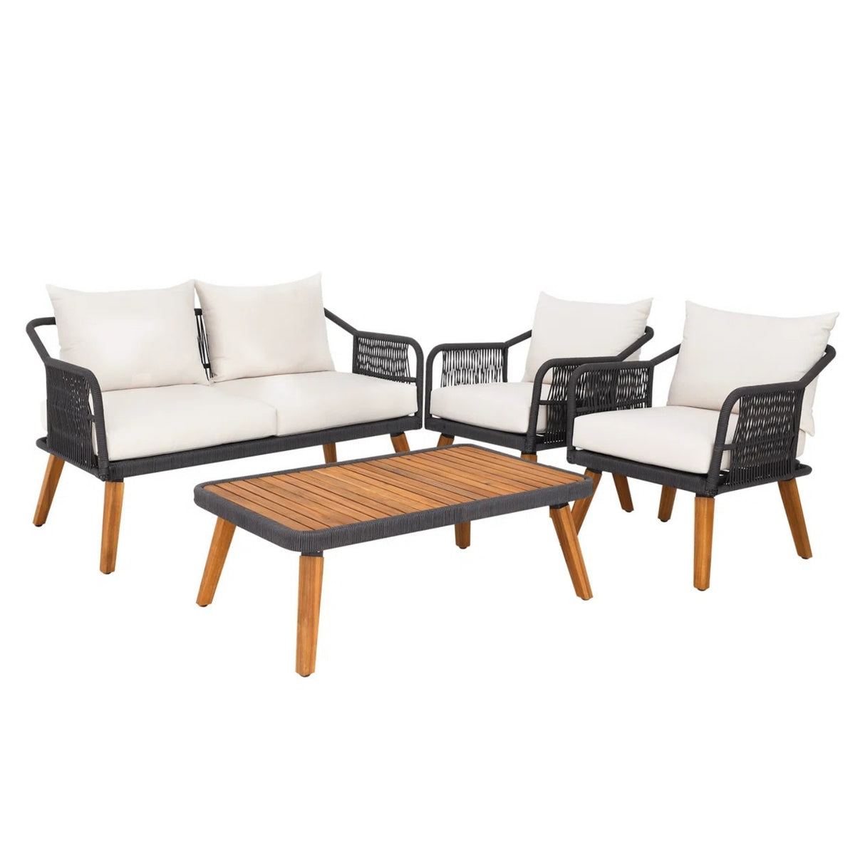 4-Piece Outdoor Rope Patio Furniture Set with Wood-Top Table