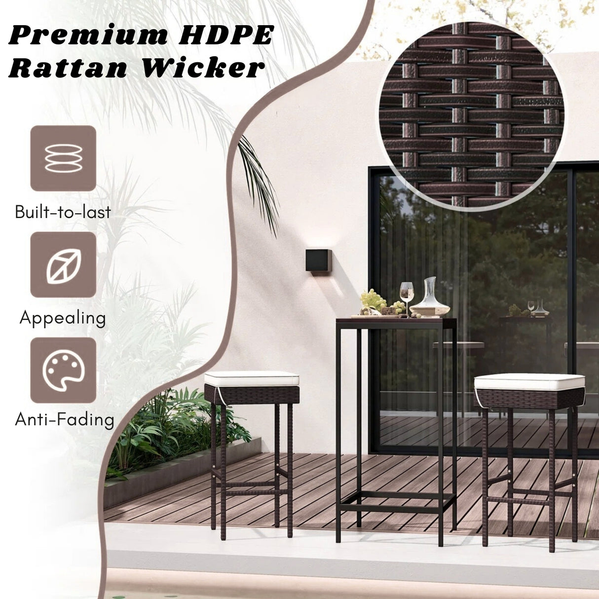2-Piece Rattan Wicker Patio Bar Stools