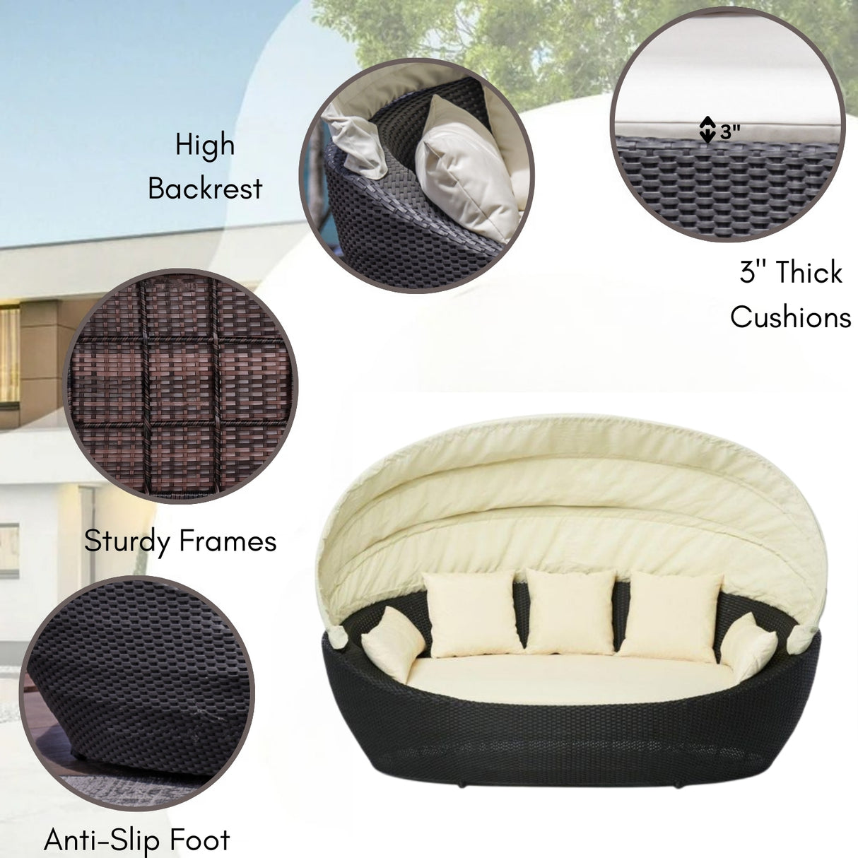 Outdoor All-Weather Wicker Patio Daybed with Retractable Canopy