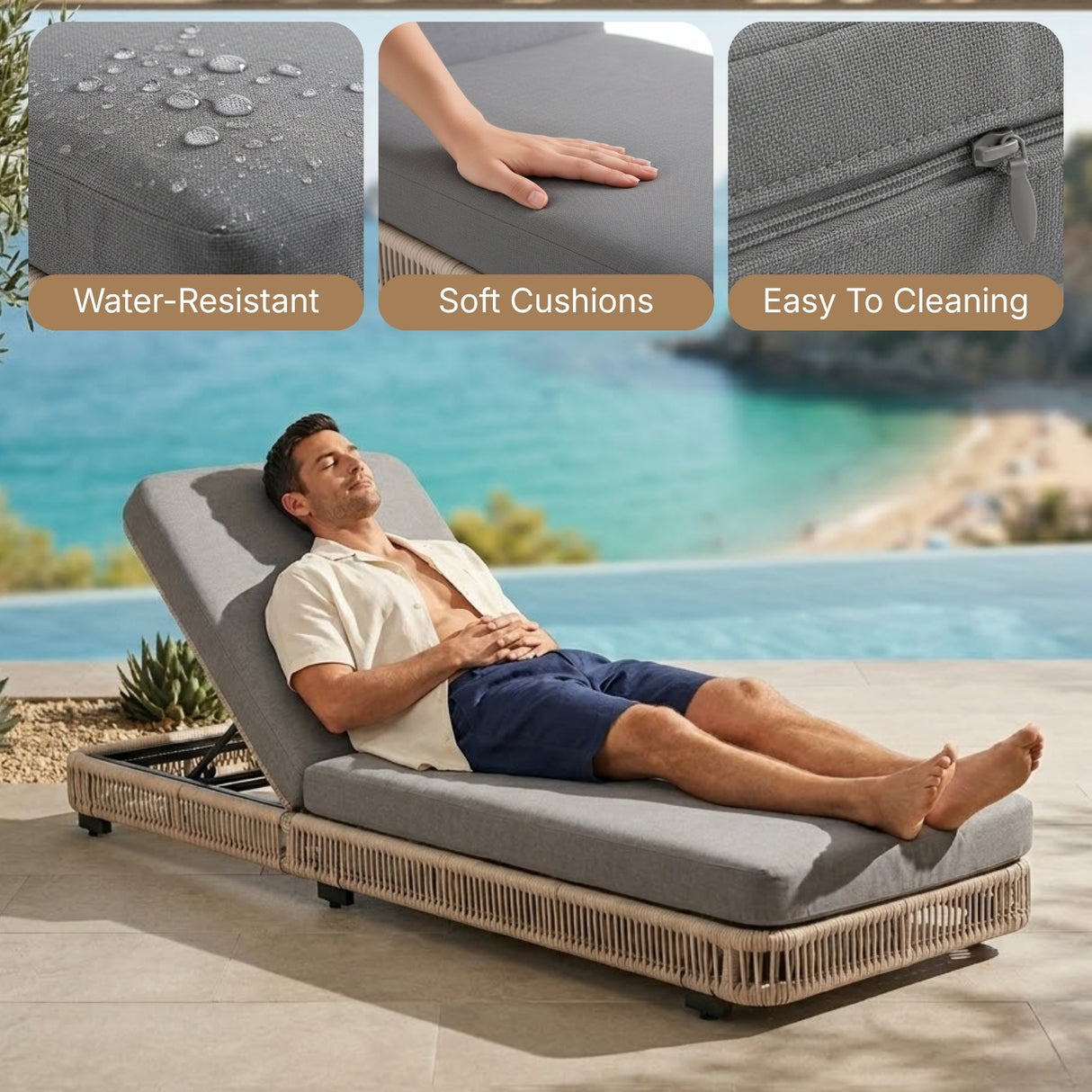 Outdoor Rope Lounger Set of 2 with Adjustable Backrest (Beige & Grey)