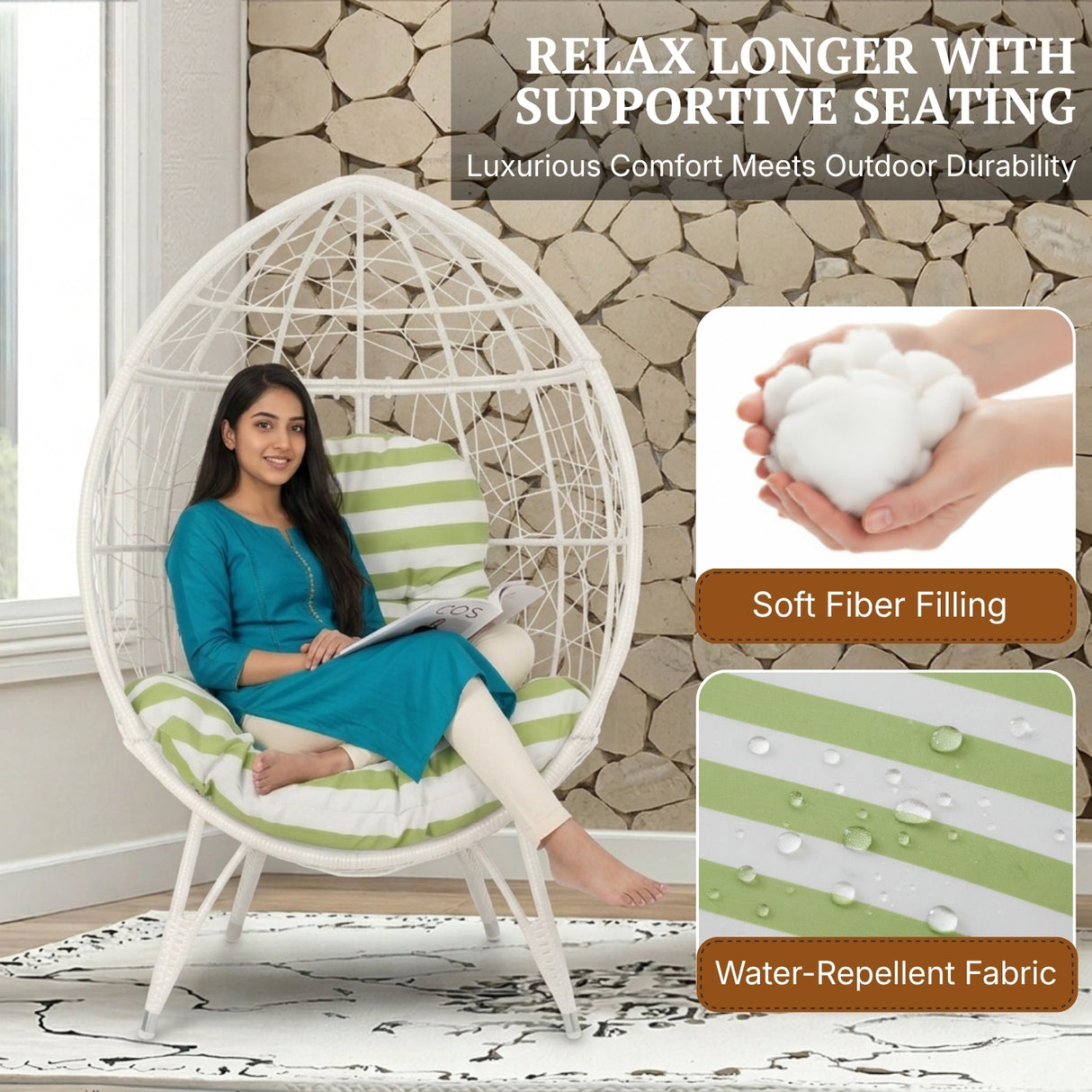 Outdoor White Rattan Lounge Accent Egg Chair