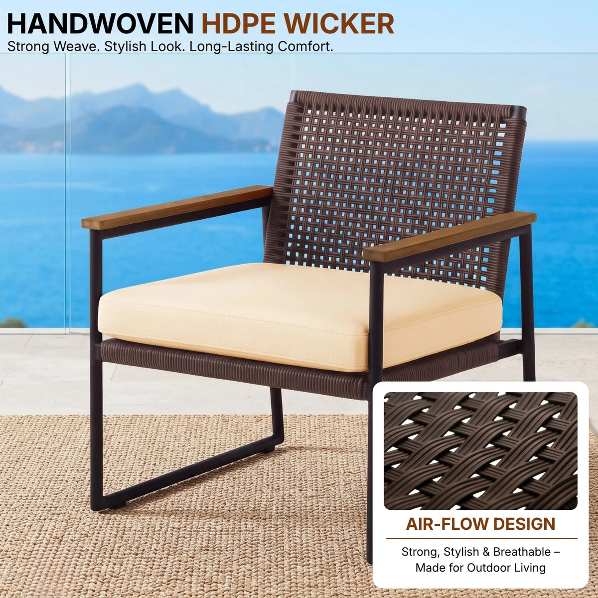 Outdoor 3-Piece Wicker Patio Set(Dark Brown & Cream)