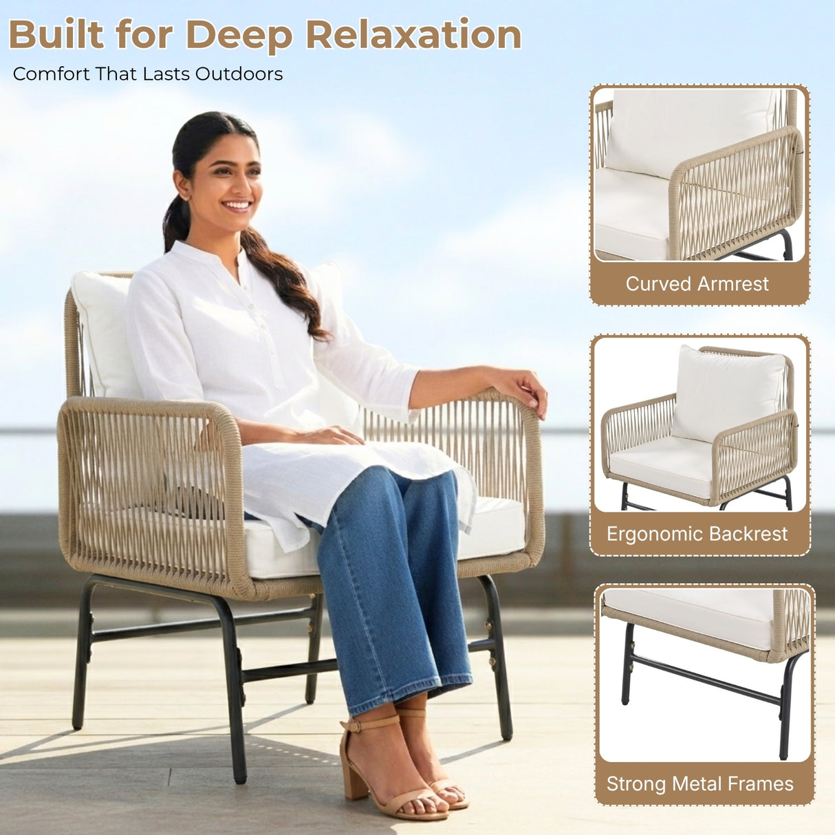 Outdoor L-Shape Rope Sofa Set (Beige & White)