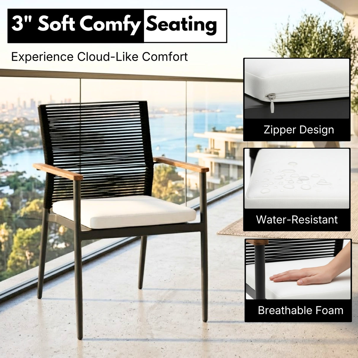 Modern Outdoor Rope Chairs with Wooden Armrests & Cushions (Black & White)