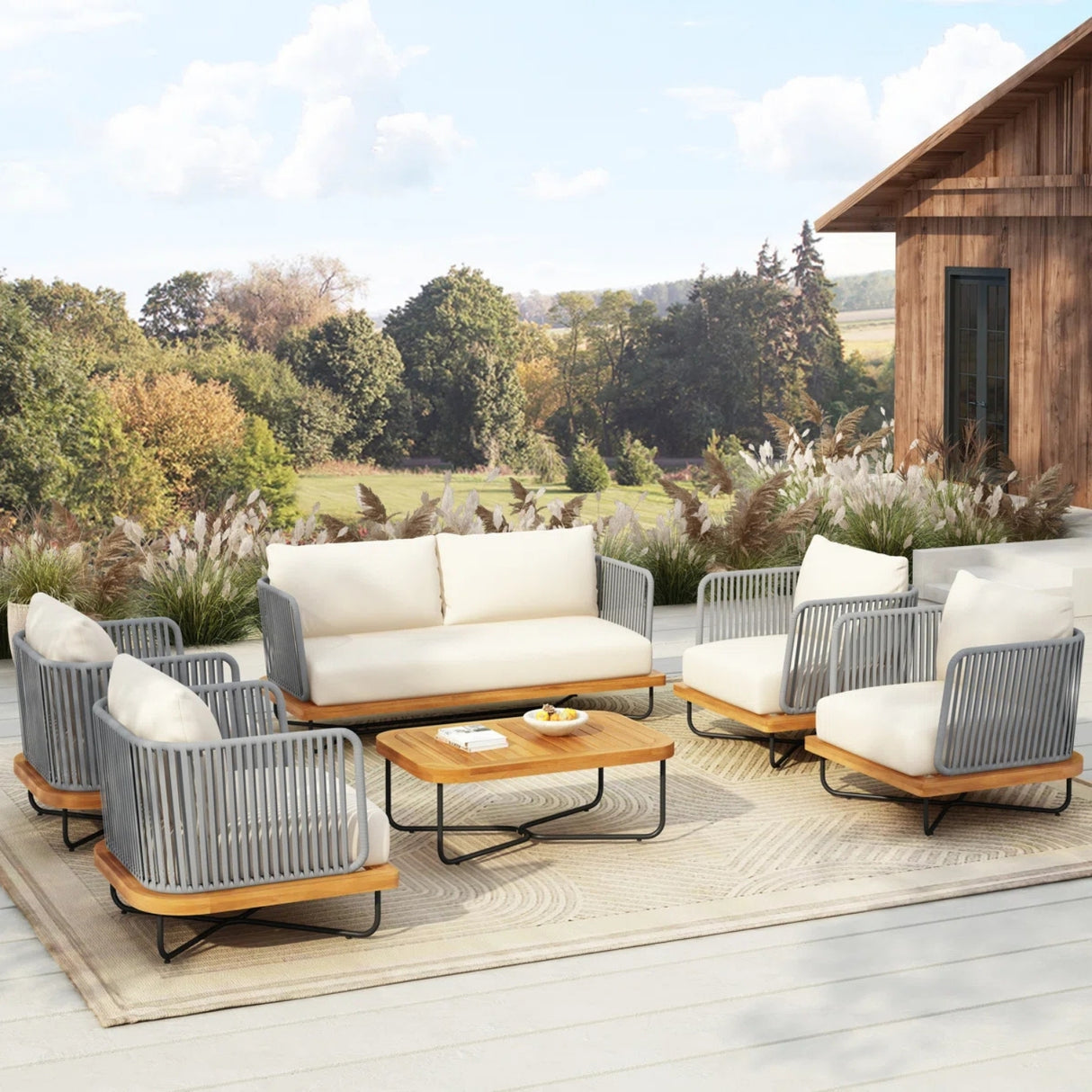 Outdoor 6-Piece Rope Woven Conversation Sofa Set with Wooden Top Table