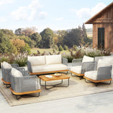 Outdoor 6-Piece Rope Woven Conversation Sofa Set with Wooden Top Table