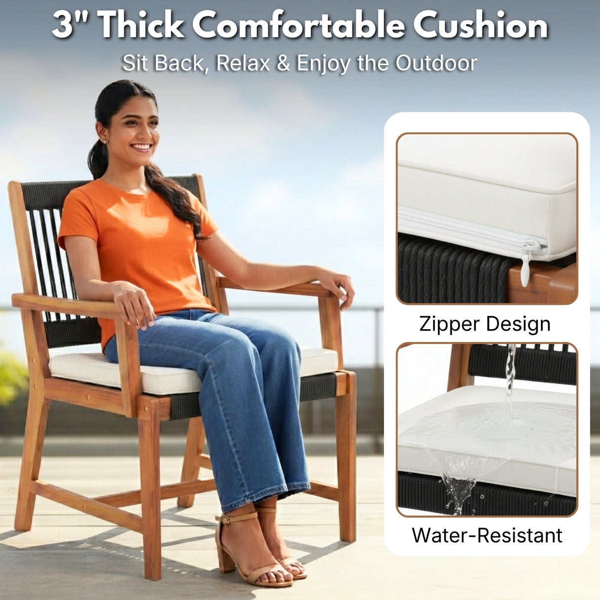 Outdoor Rope & Teak Wood 4-Piece Sofa Set (Black & White)