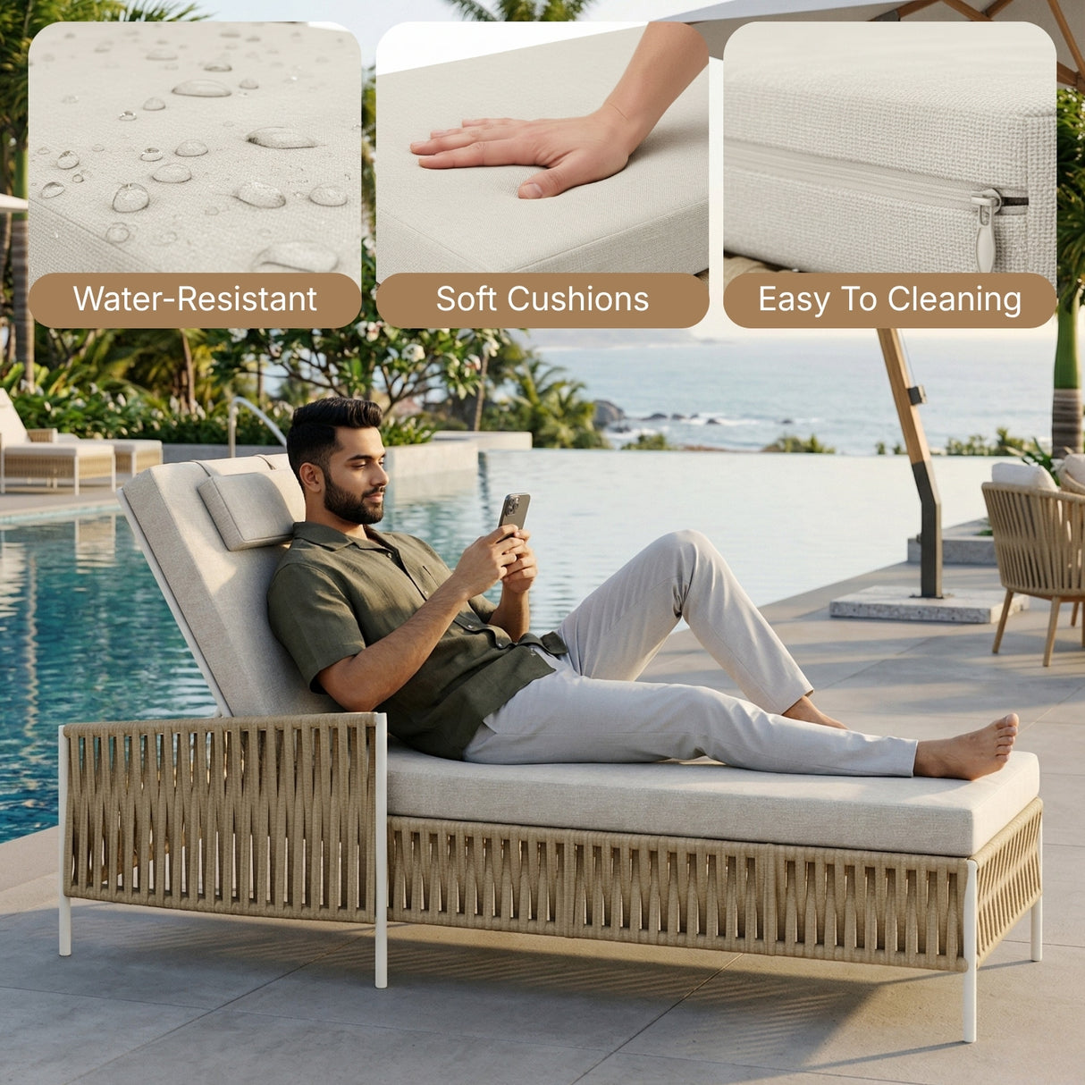 Outdoor Rope Lounger Set of 2 (Beige & Cream)