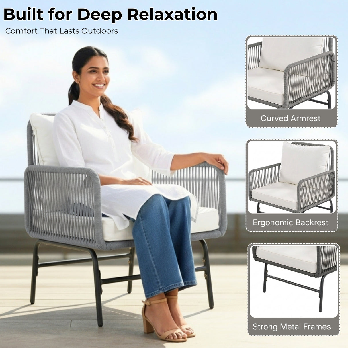 Outdoor L-Shape Rope Sofa Set (Grey & White)