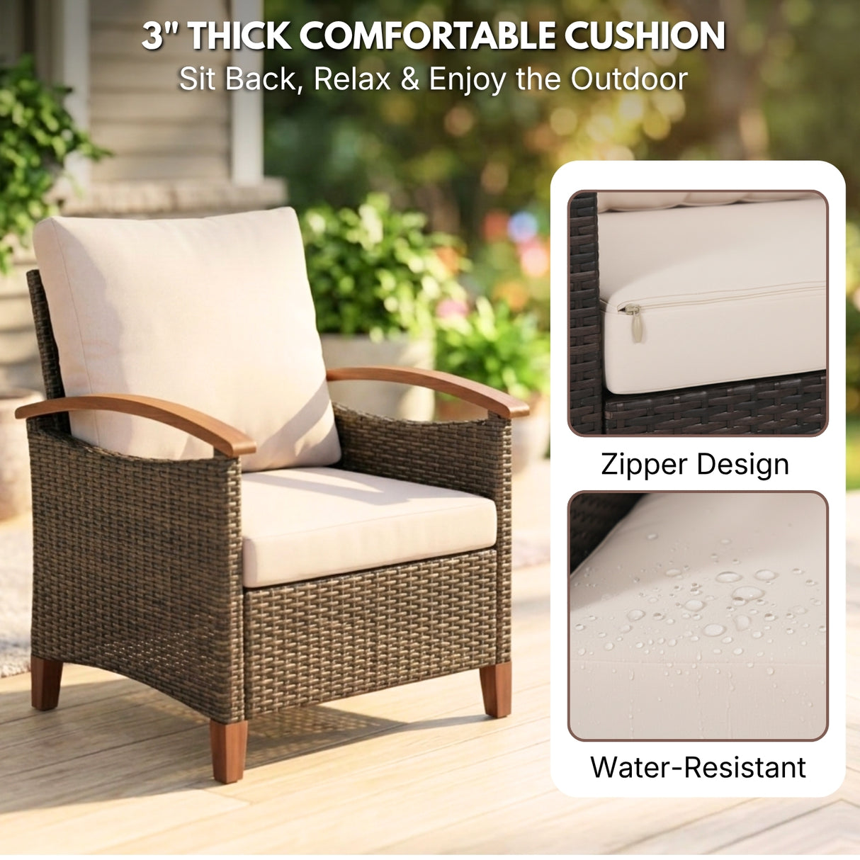 3-Piece Outdoor Wicker Patio Conversation Set (Dark Brown & Cream)
