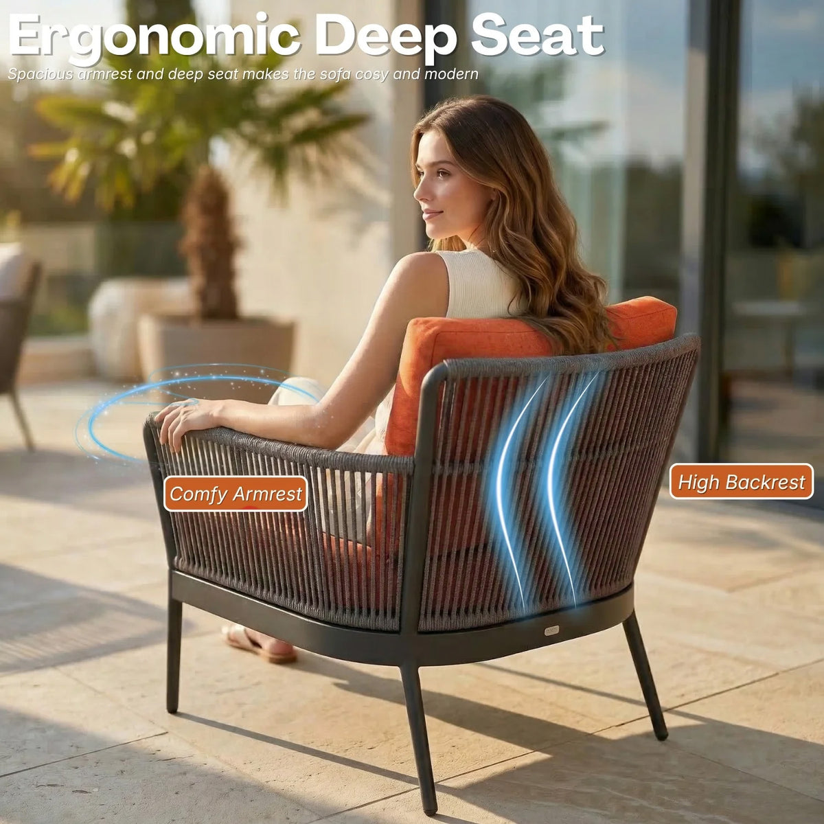 4-Piece Outdoor Rope Patio Furniture Set with Glass Top Table (Grey & Orange)