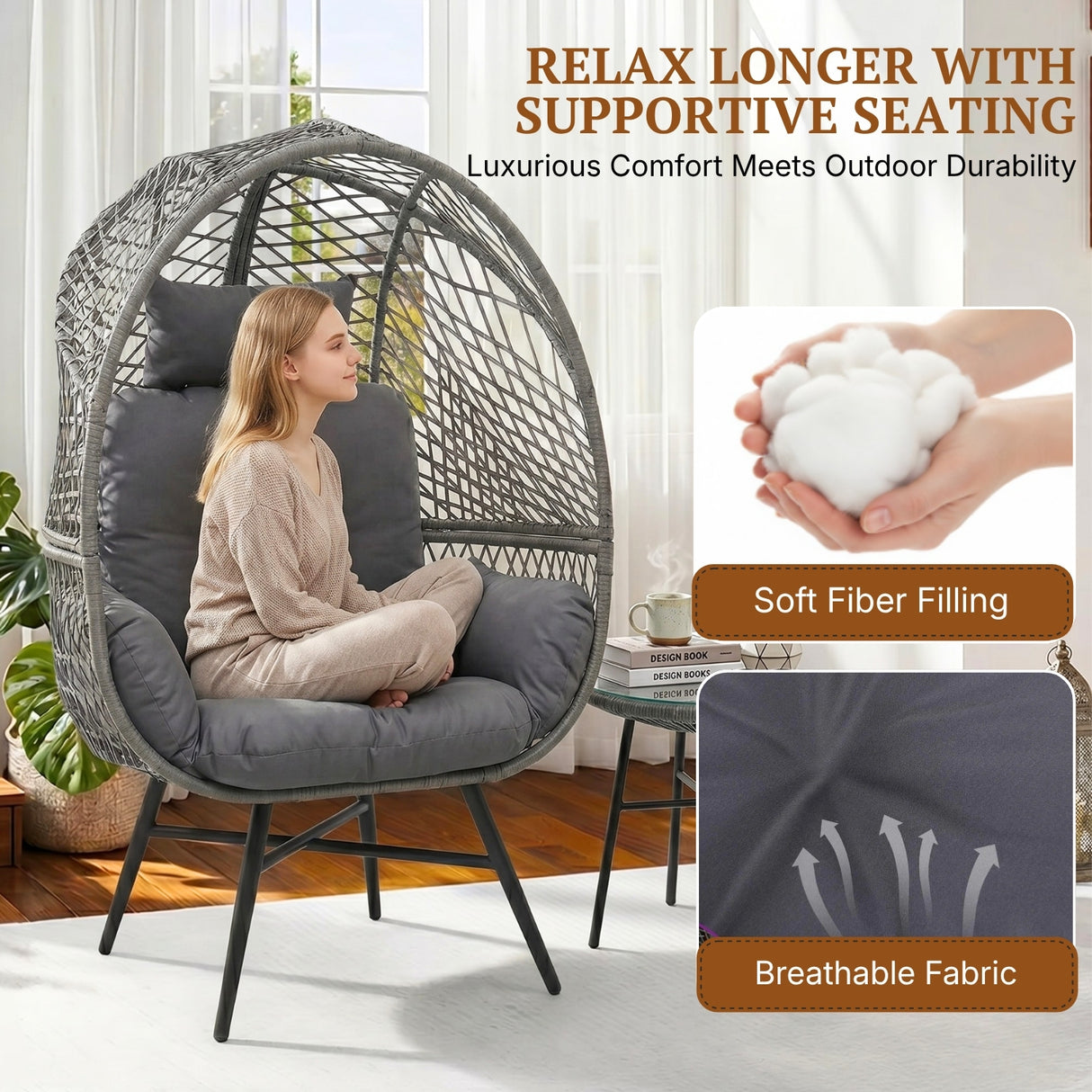 Outdoor Wicker Egg Chair with Glass Top Side Table (Silver Grey & Dark Grey)