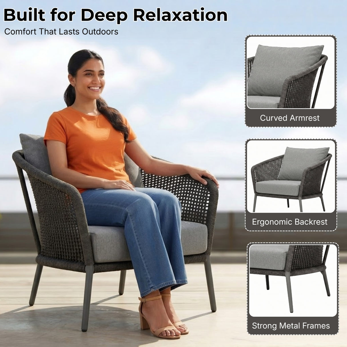 Outdoor Rope L-Shape Sofa Set with Center & Side Table (Grey)