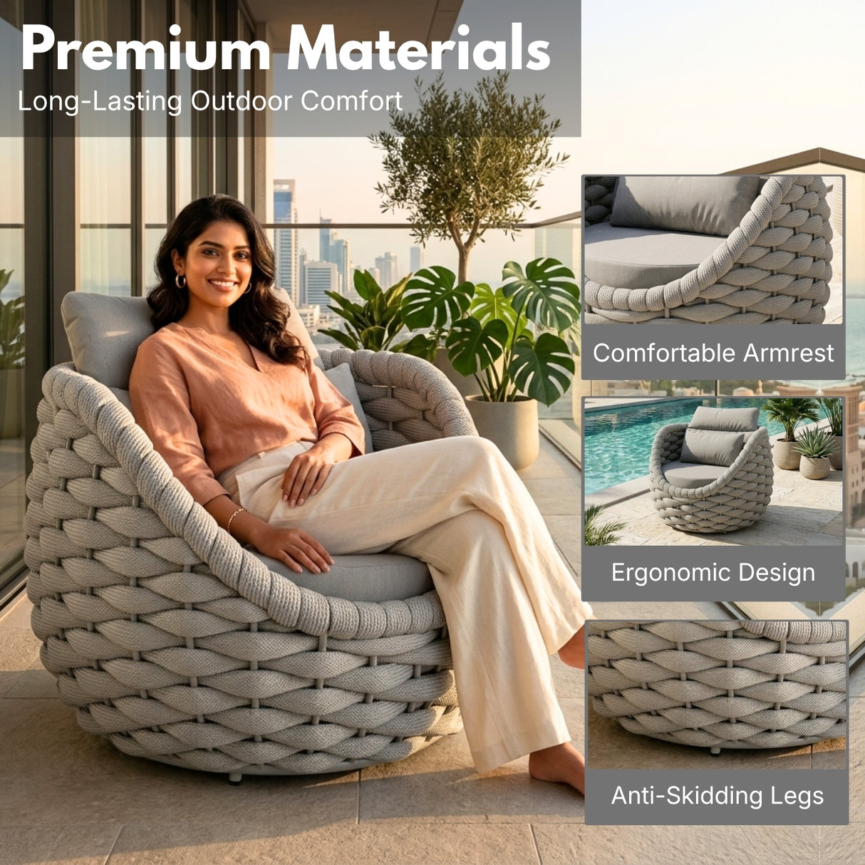 Outdoor Rope 5-Seater Sofa Set with Glass Top Center Table (Grey)