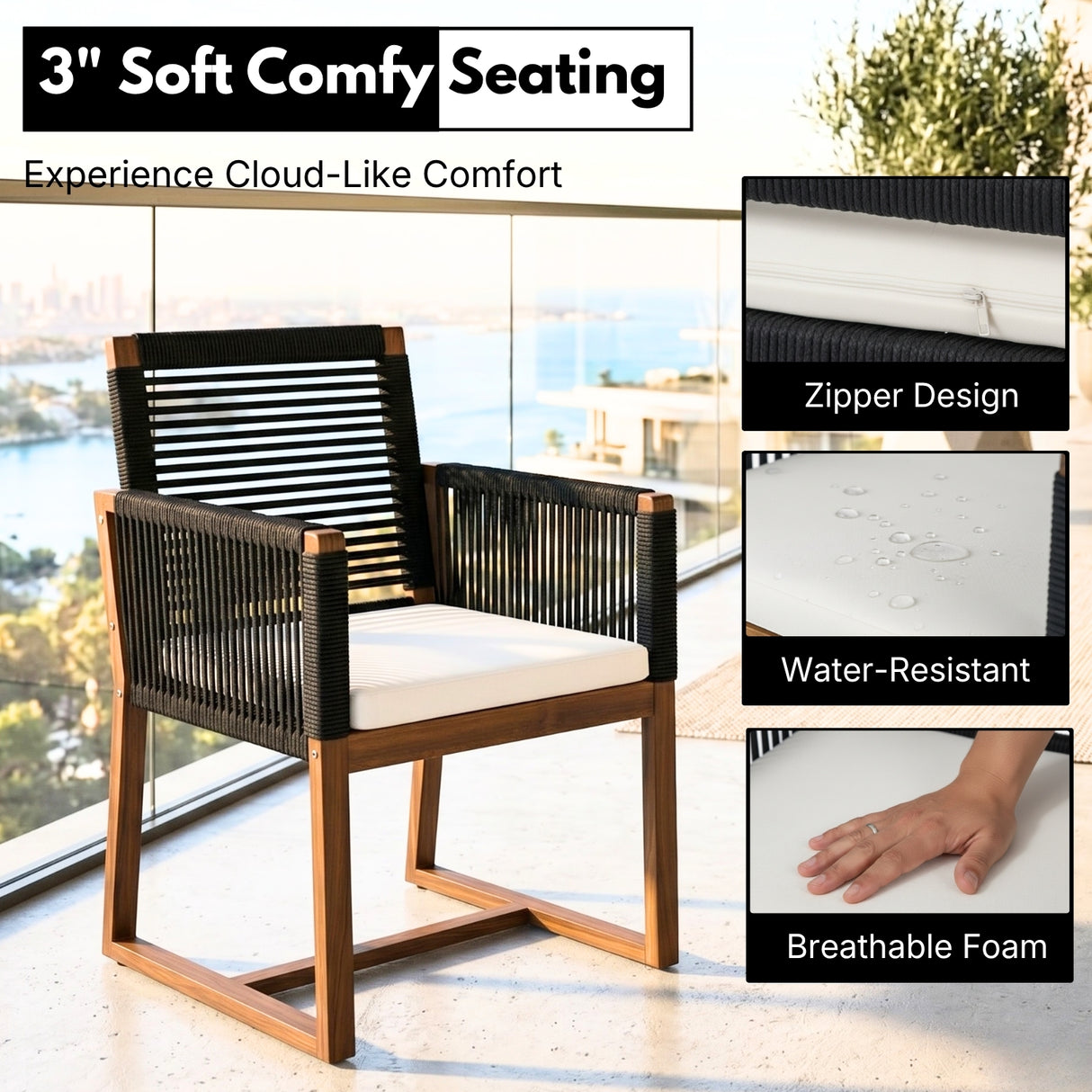 Modern Outdoor Rope Dining Chairs Set of 2 (Black & White)