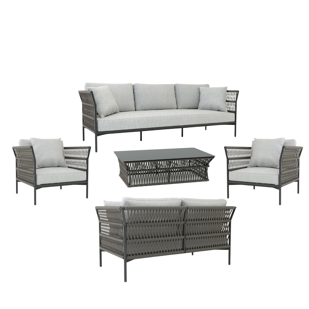 Outdoor Rope 7-Seater Sofa Set With Glass Top Table