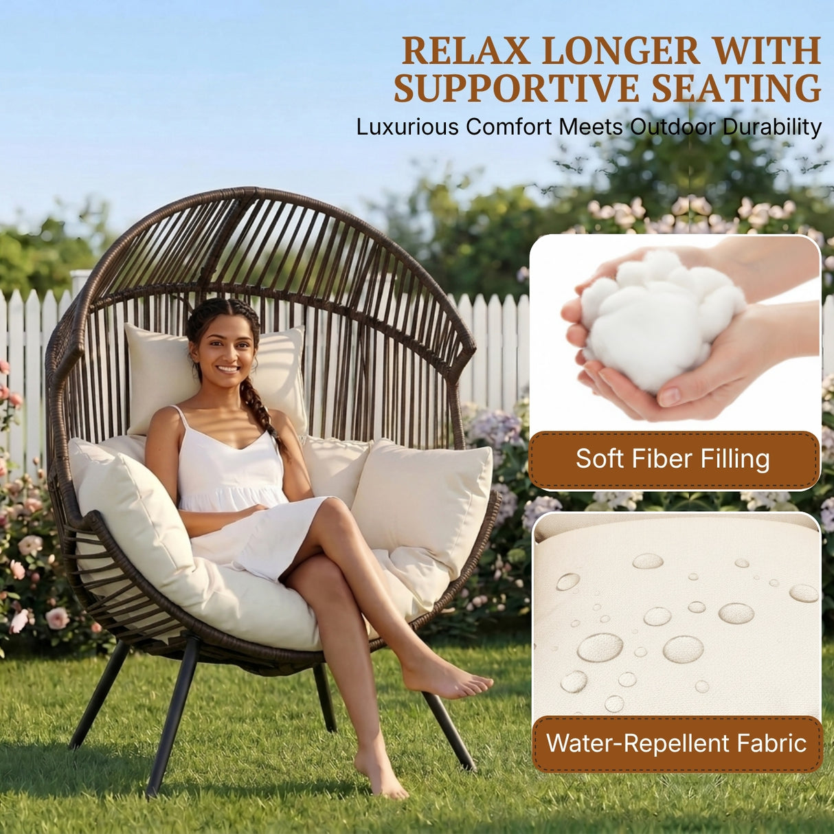 Outdoor Wicker Egg Chair with Plush Cushions (Dark Brown& Off-White)