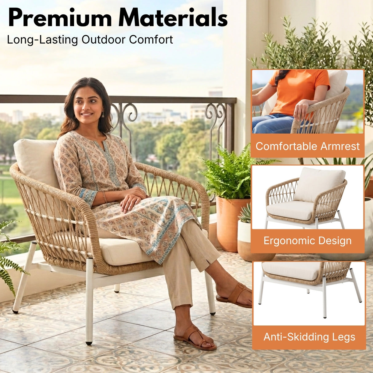 Outdoor 5 Seater Rope Conversation Sofa Set (Beige & Cream)