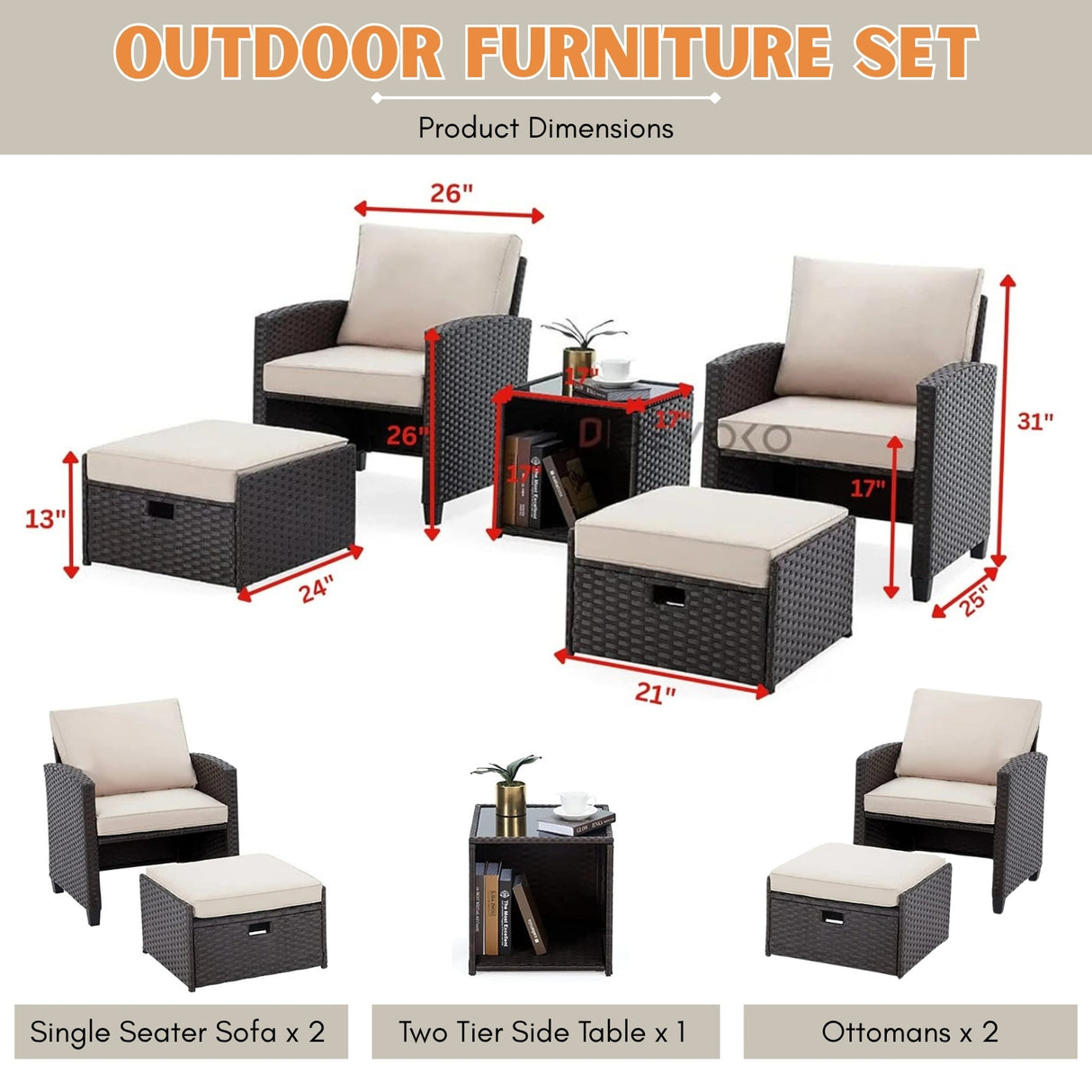 5 Piece Outdoor Patio Wicker Furniture Set