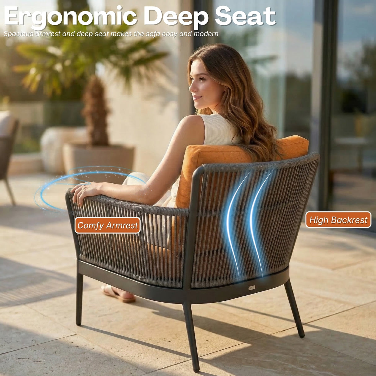 4-Piece Outdoor Rope Patio Furniture Set with Glass Top Table (Grey & Orange)