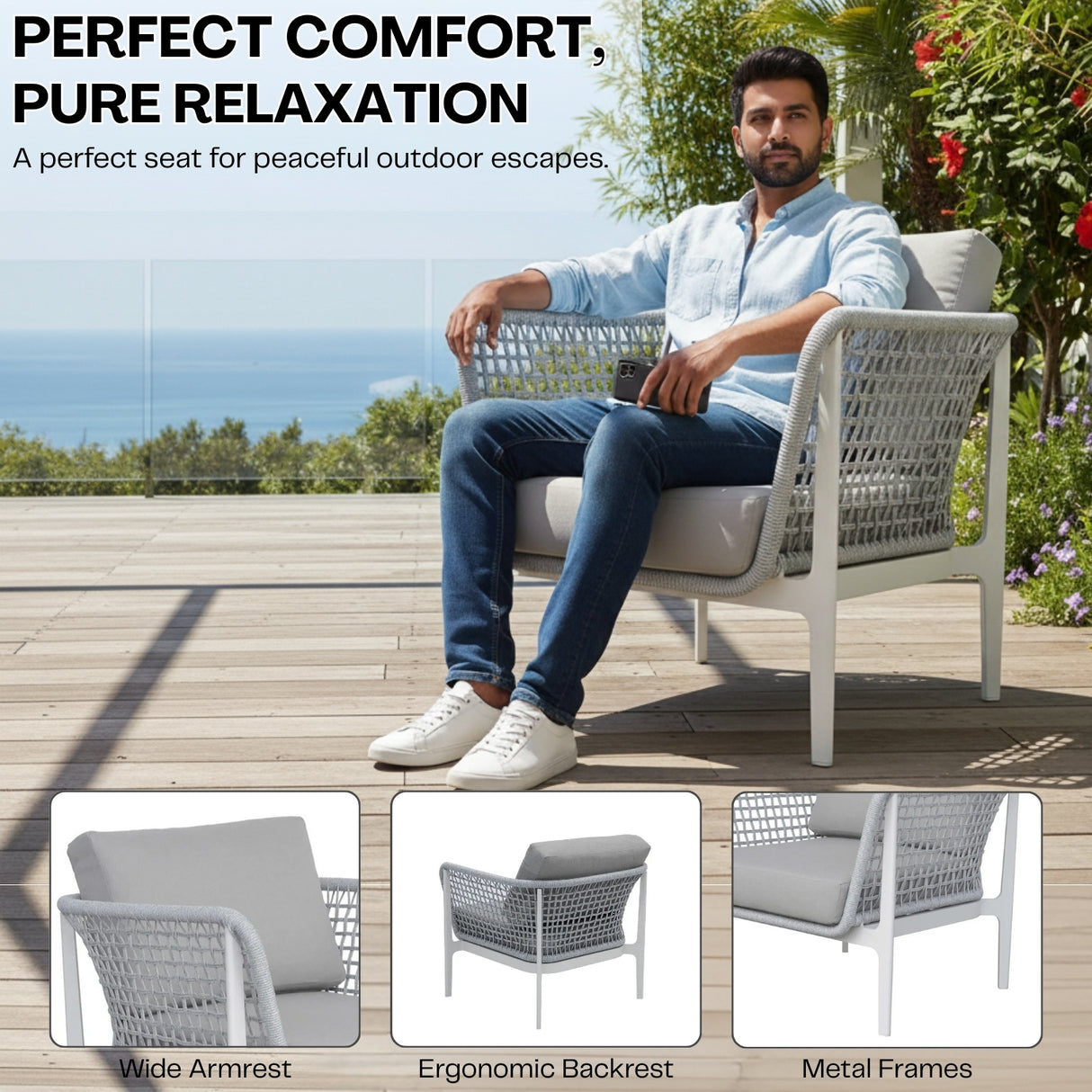 Outdoor Rope 5-Seater  Sofa Set With Glass Top Table (Grey)