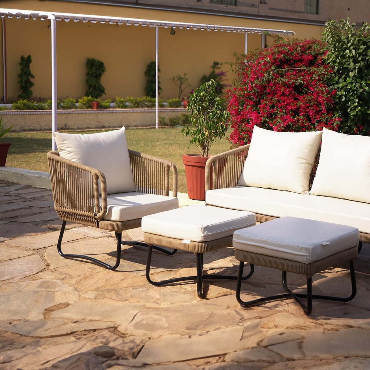 7 Seater Outdoor Rope Sofa Set with Ottomans