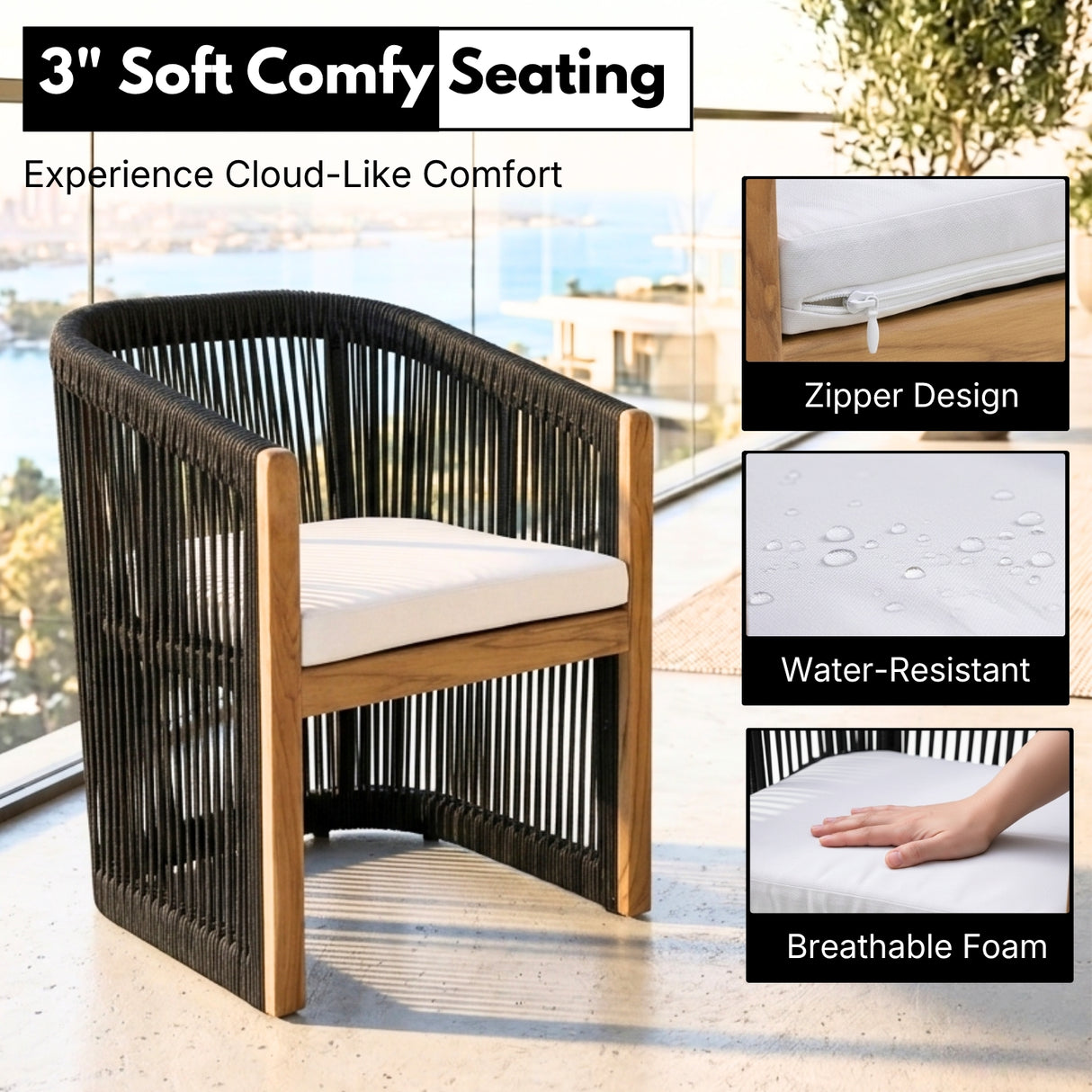 Modern Outdoor Rope Accent Chairs Set of 2 with Solid Wooden Frame
