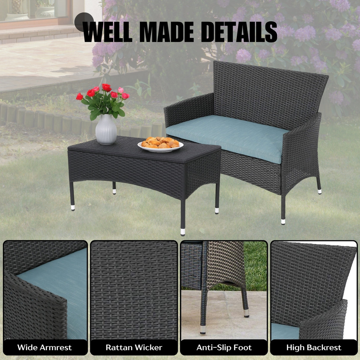 2-Piece Outdoor Rattan Wicker Loveseat Sofa