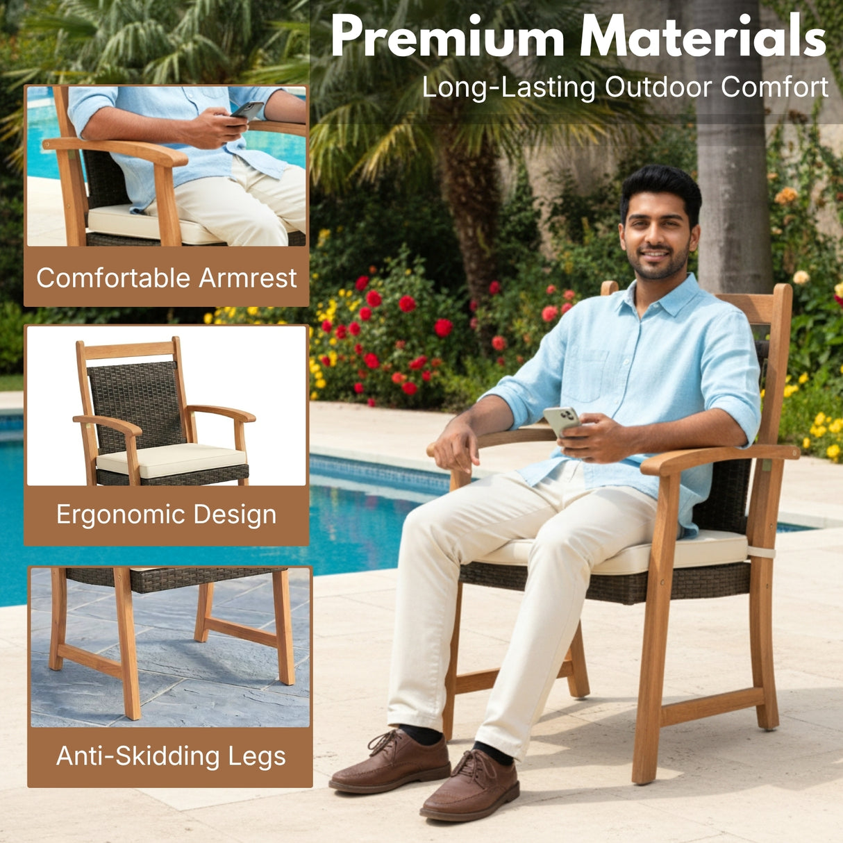 Outdoor Wicker Patio Conversation Set with Teak Wood Frame & Center Table