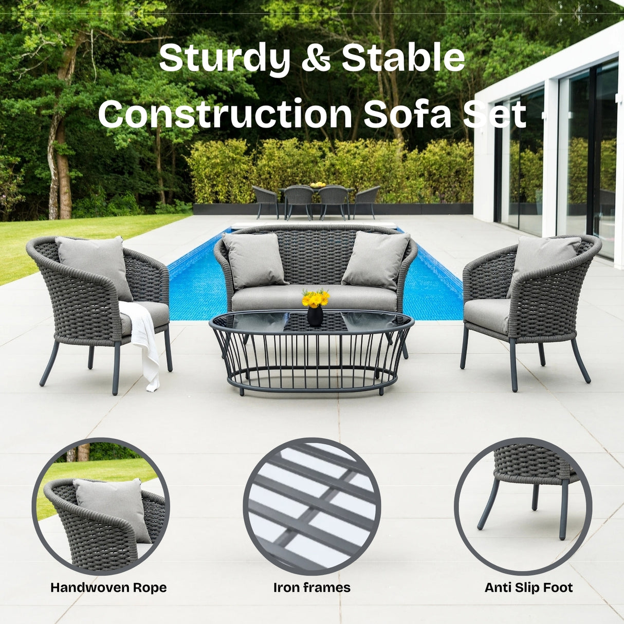 Outdoor Grey Rope 4 Piece Patio Sofa Set with Light Grey Cushions