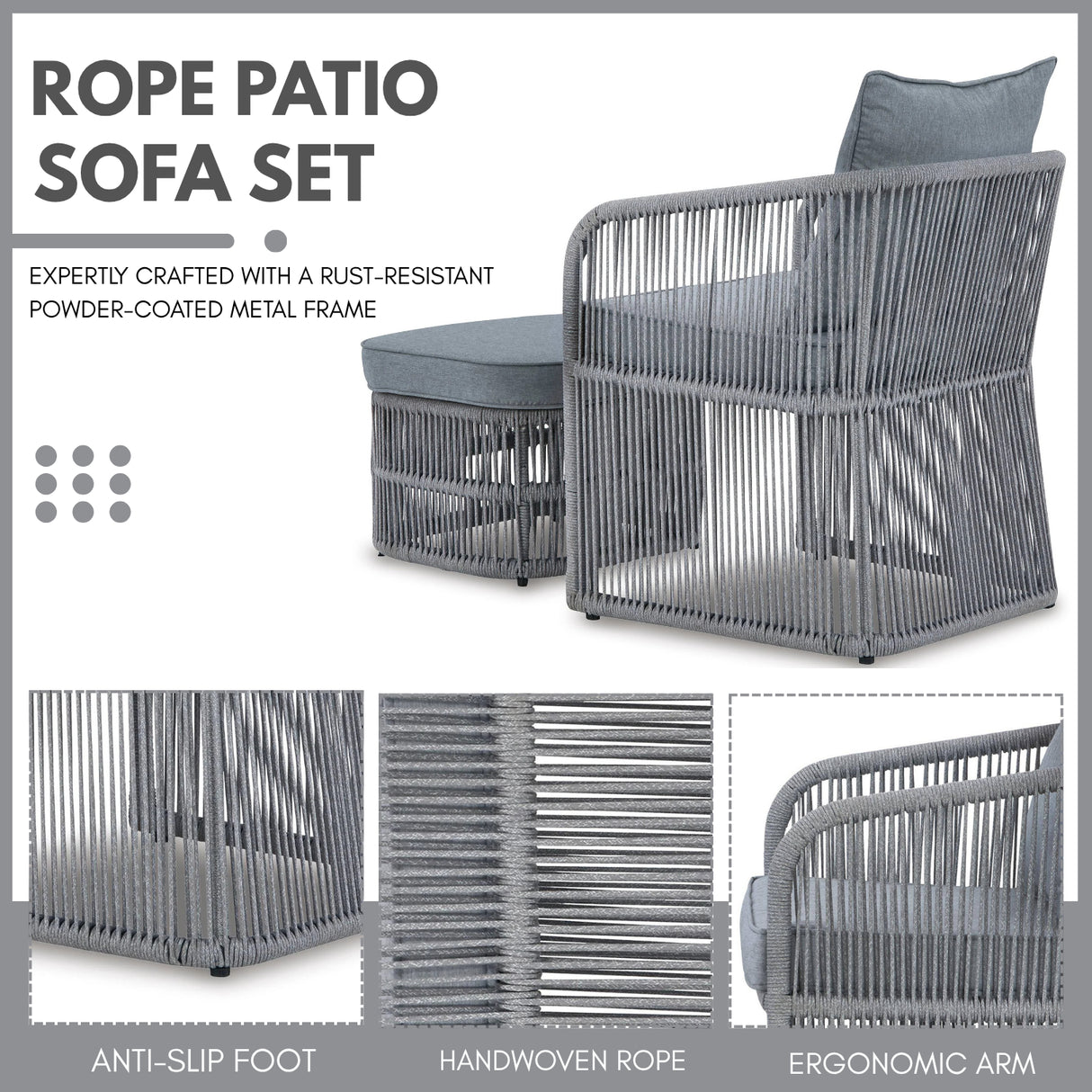 Outdoor 3 Piece Rope Patio Sofa Set (Grey)