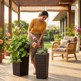 2-Piece Outdoor Rattan Wicker Tall Square Planters (Dark Brown)