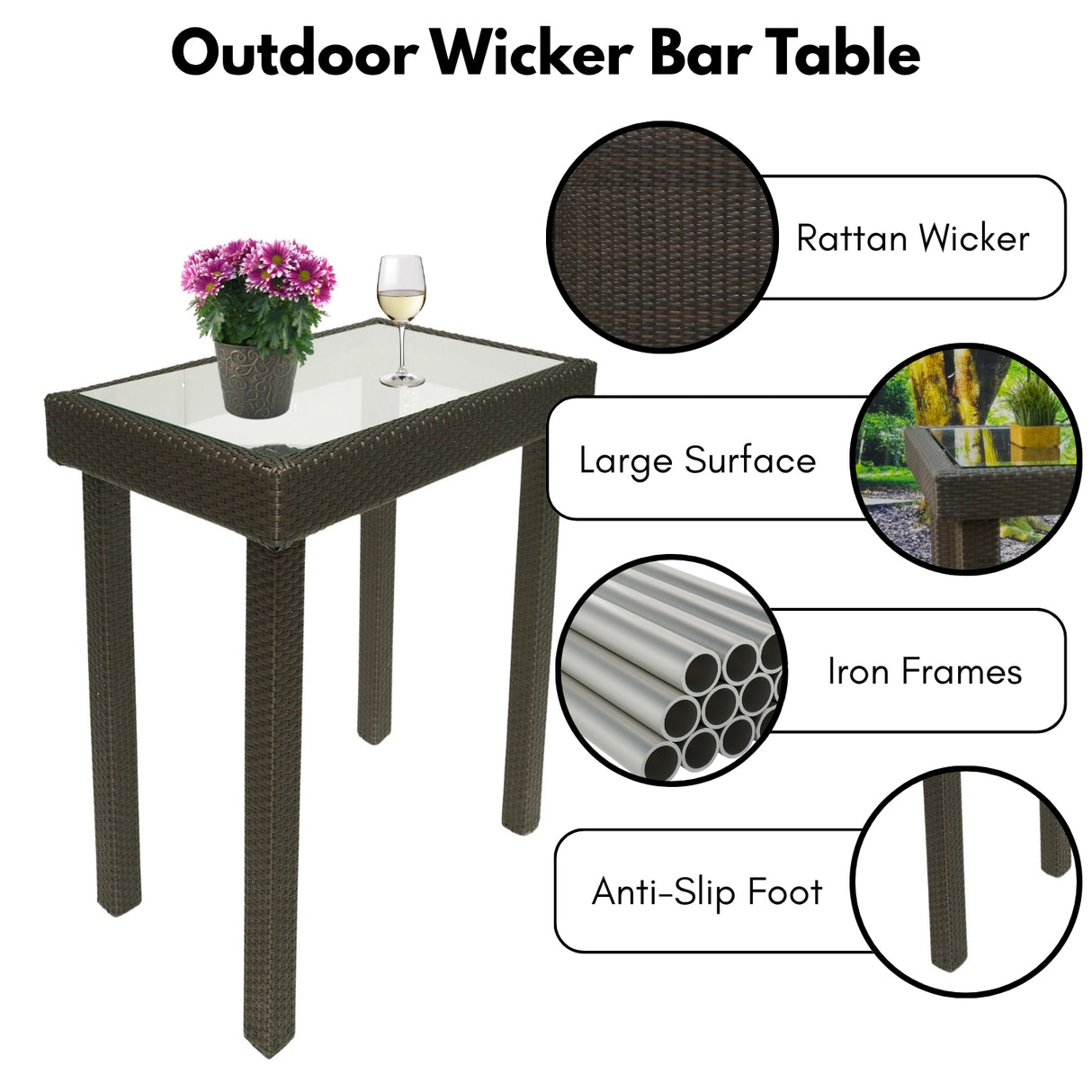 Outdoor Rattan Wicker Bar Glass Top Table