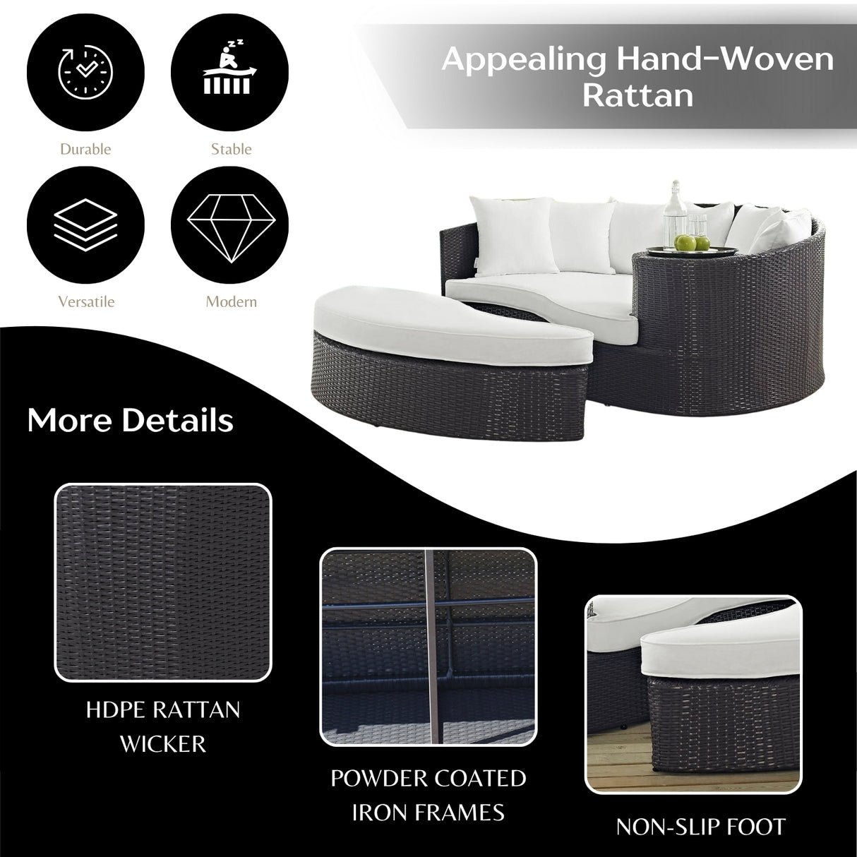 Outdoor Rattan Wicker Daybed (Dark Brown & White)