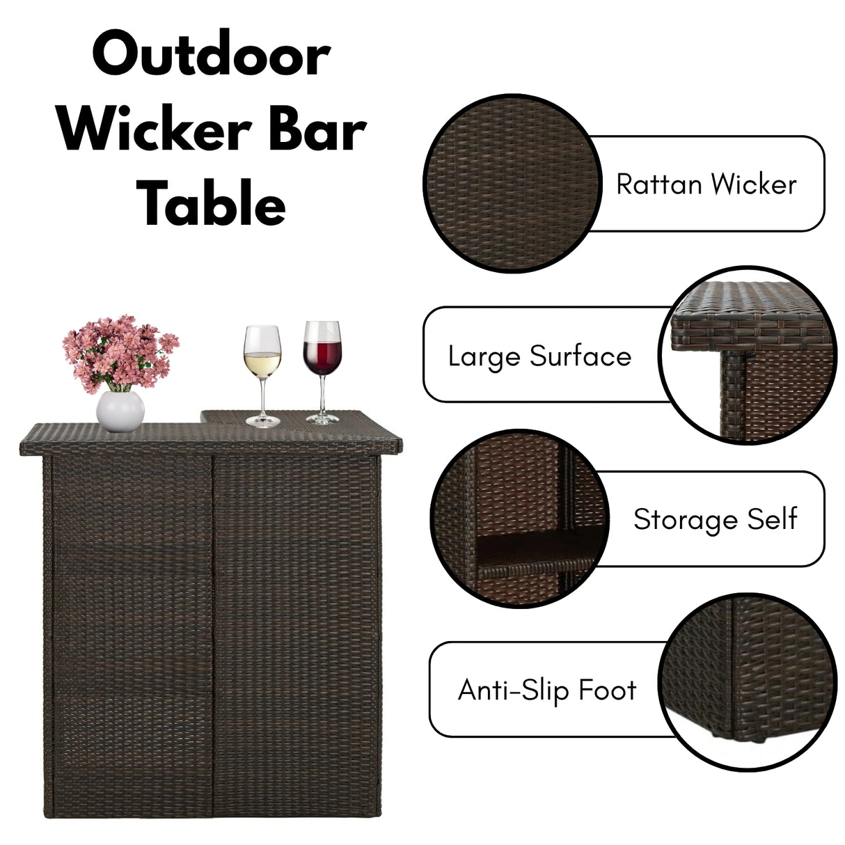 Outdoor Rattan Wicker Bar Table With Storage Selves