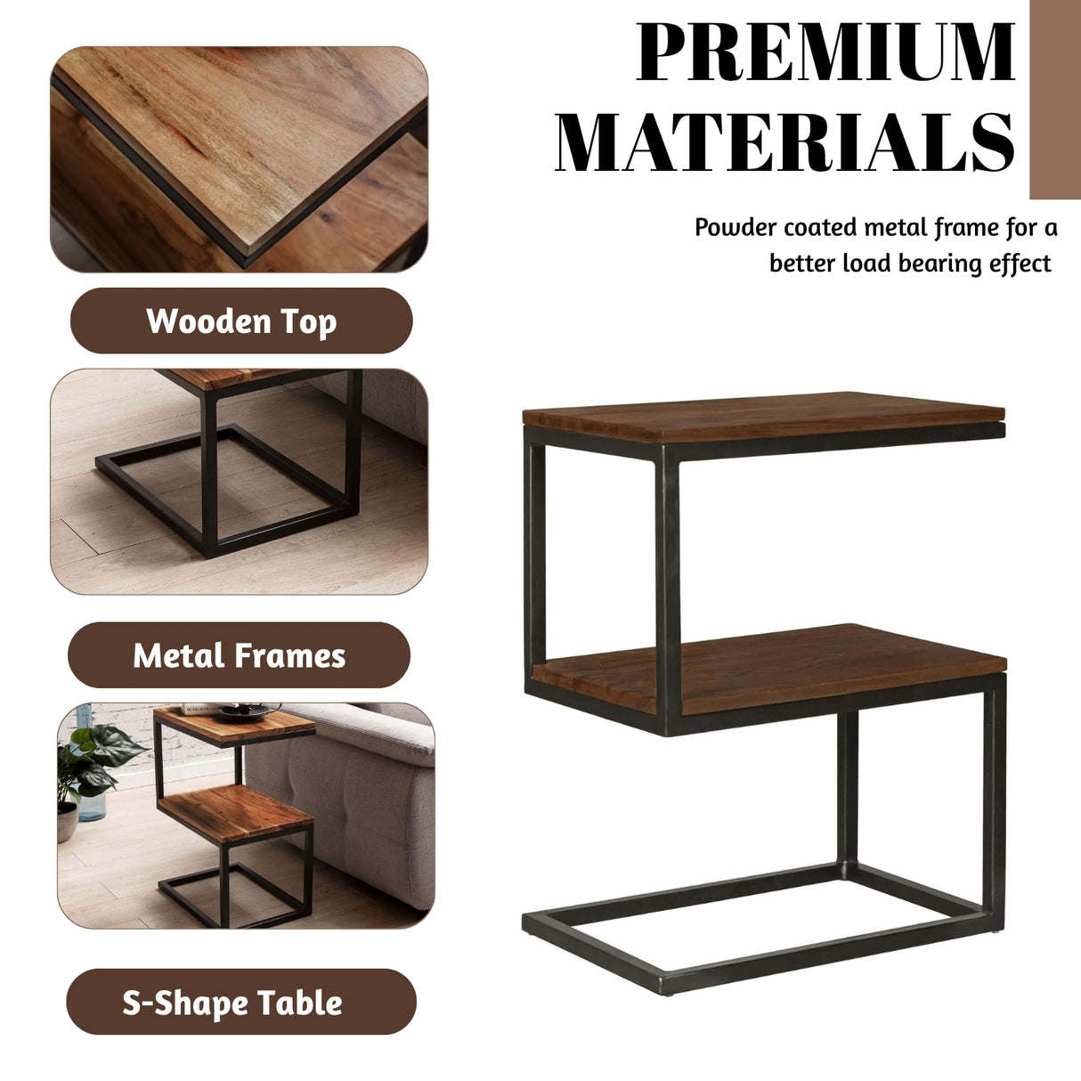 Solid Sheesham Wood S-Shape Bedside Corner Side Table