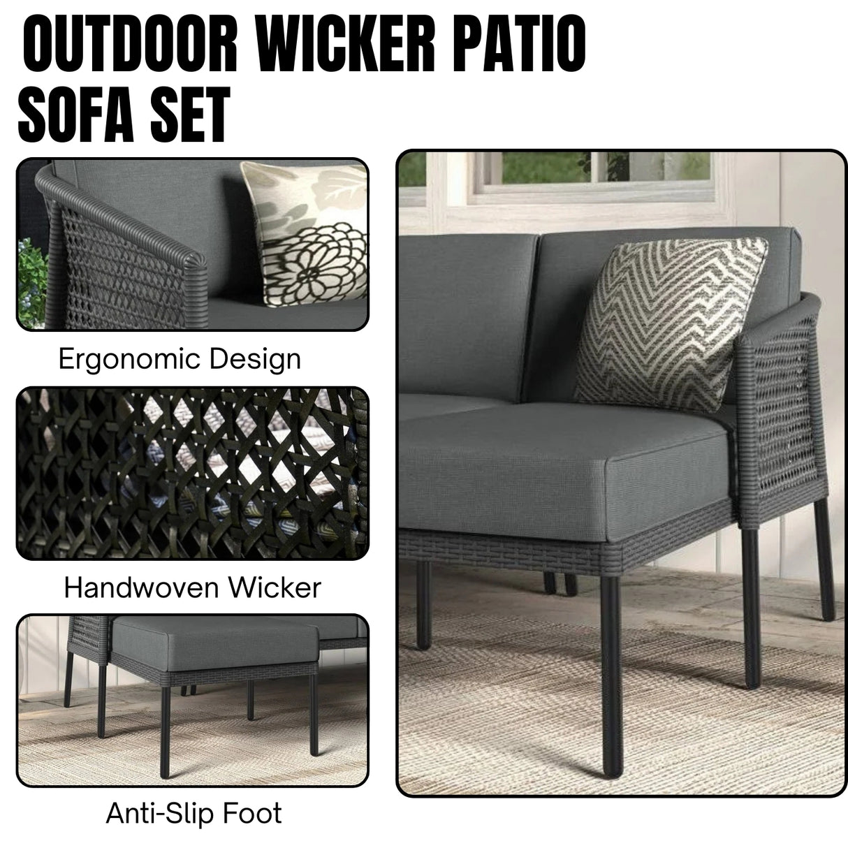 L-Shaped Patio Conversation Sofa Set with Thick Cushions & Side Table (Grey)