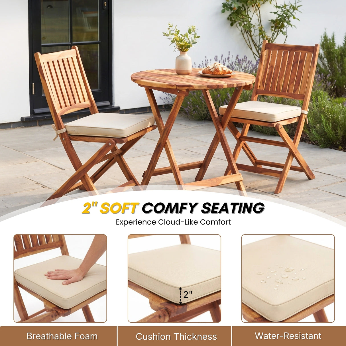 Acacia Wood Foldable Outdoor Bistro Set – 2 Chairs & Round Table