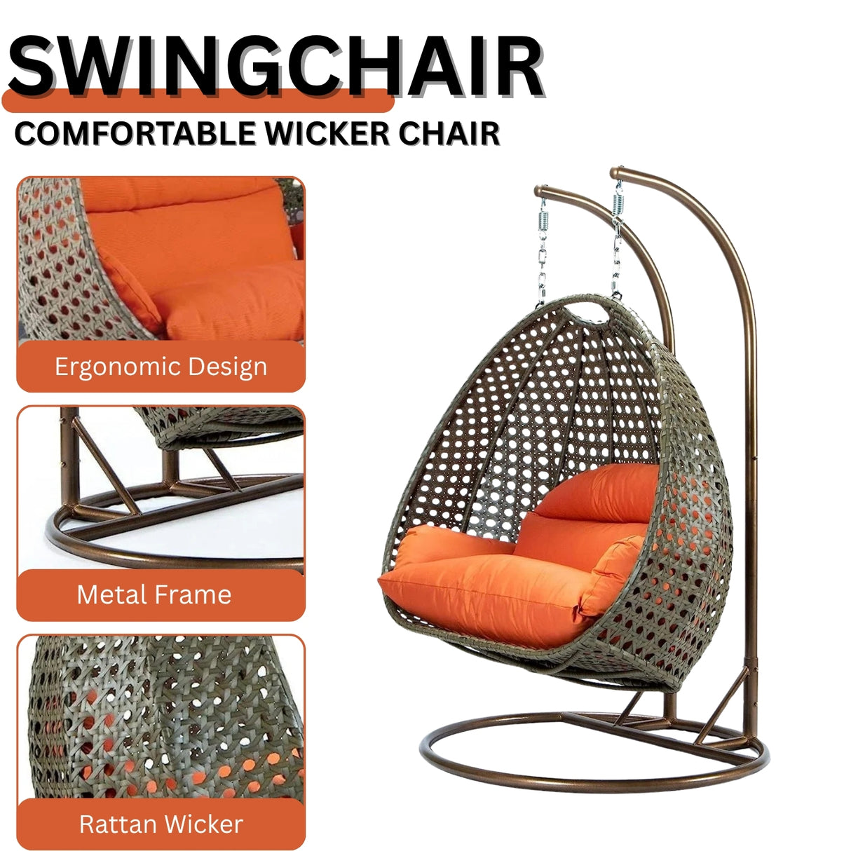 Double Seater Hanging Swing Chair (Dark Brown/Orange)