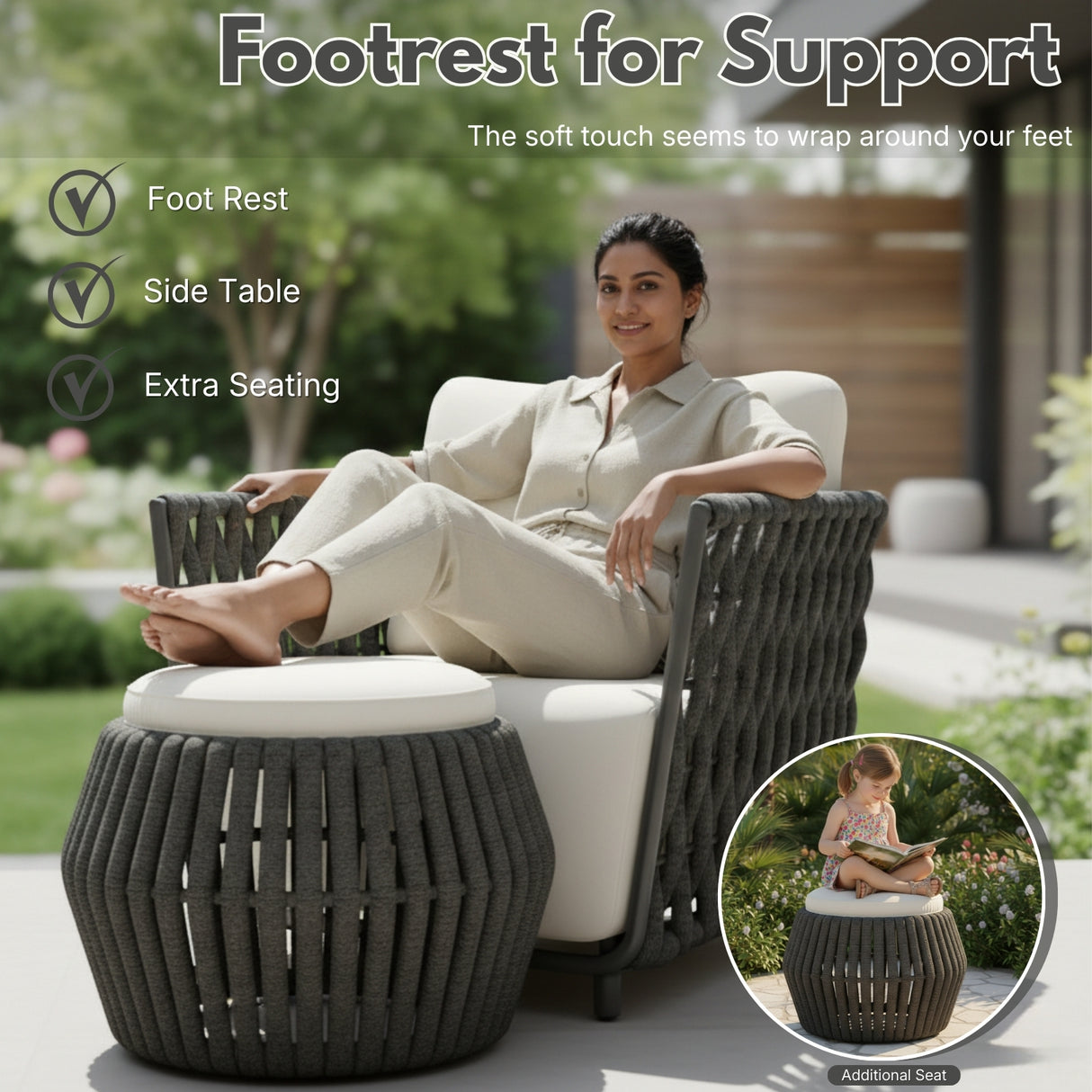 Outdoor Rope 3-Piece Patio Sofa Set (Grey & Off-White)