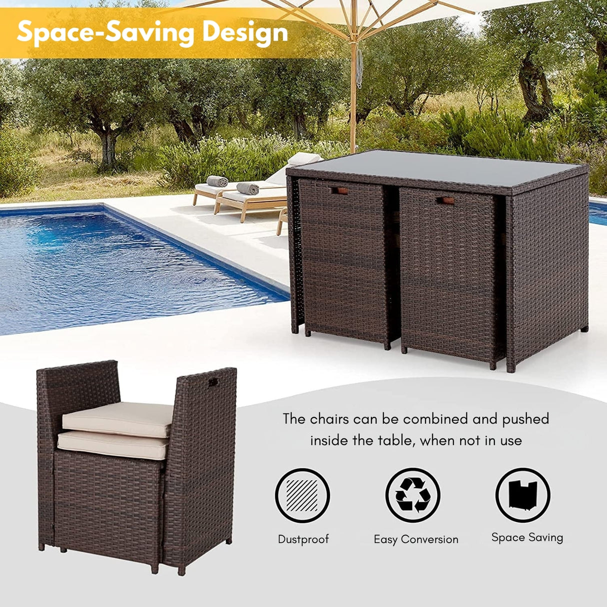 5-Piece Outdoor Patio Dining Set with Square Glass Tabletop