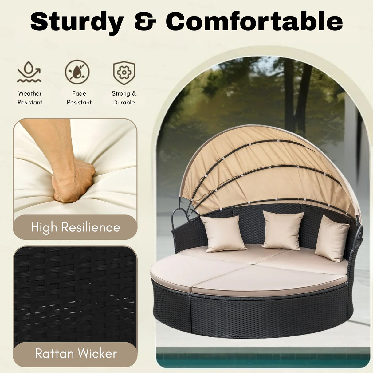 Outdoor Round Canopy Daybed Wicker Patio Furniture Set with Cushions
