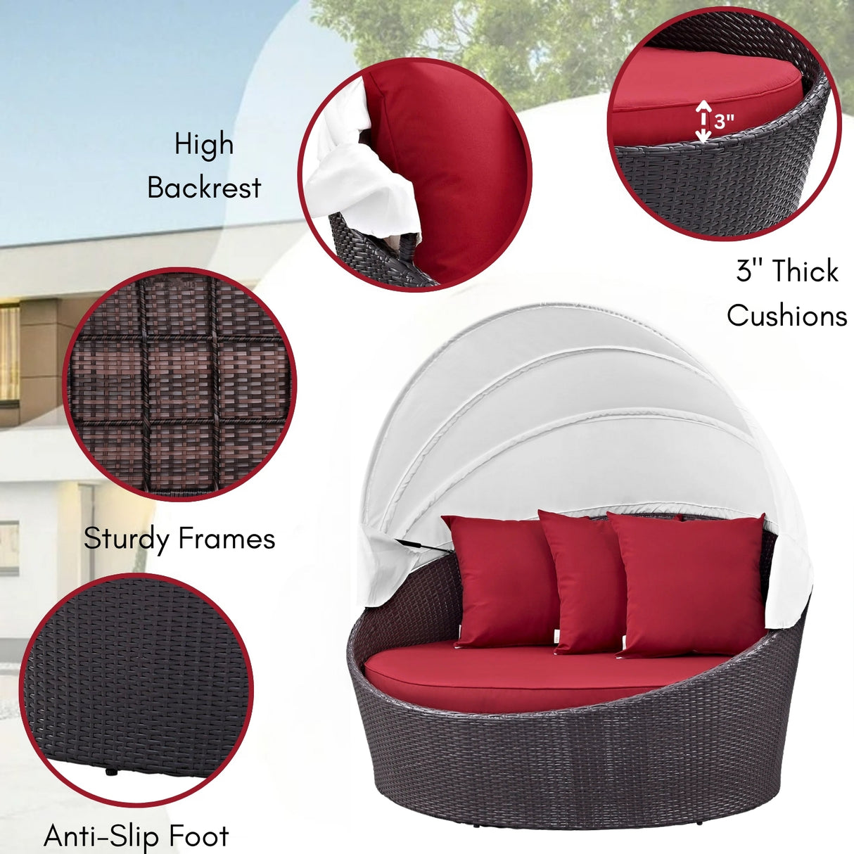 Outdoor Rattan Wicker Patio Daybed with Retractable Canopy