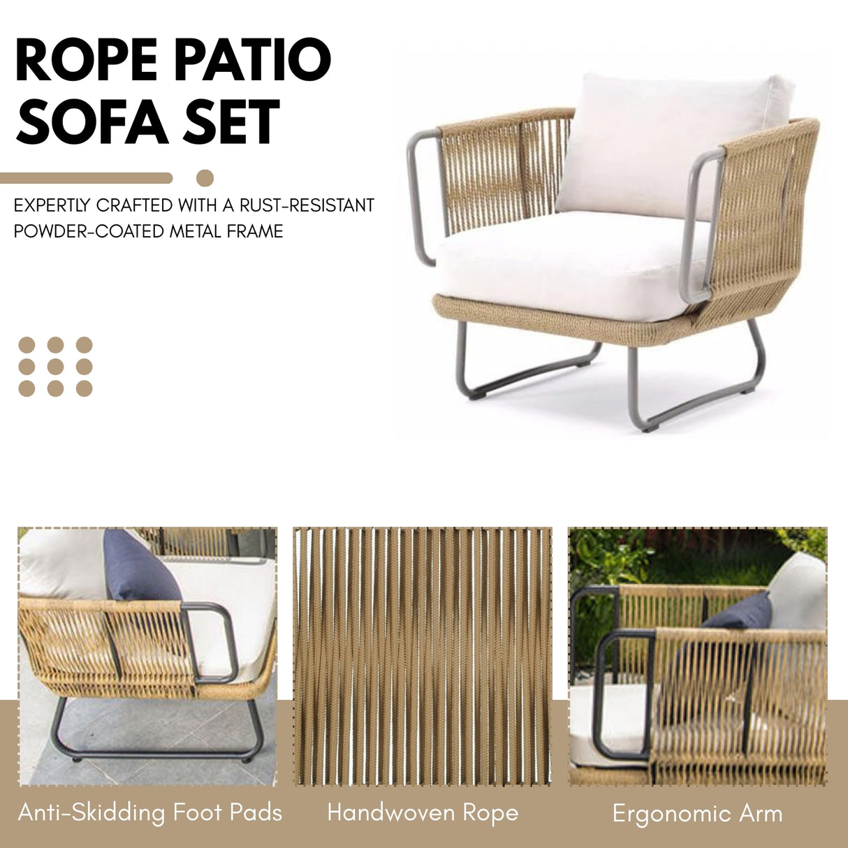 Outdoor 5pcs All-Weather Rope Sofa Set with Cushions (Beige & White)