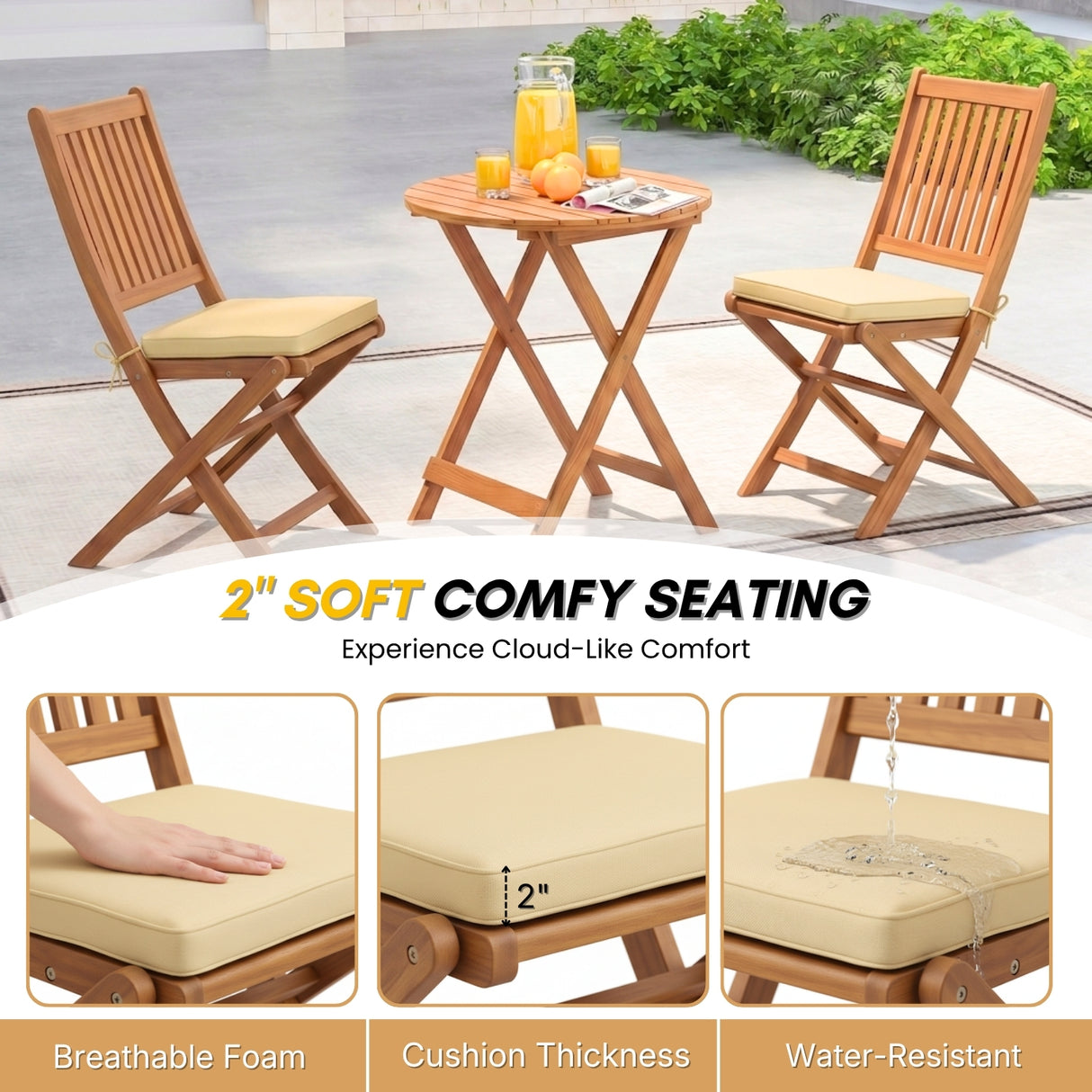 Acacia Wood Foldable Outdoor Bistro Set – 2 Chairs & Round Table
