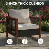 Outdoor Wicker 3-Piece Patio Furniture Set with Solid Wooden Frames (Dark Brown & White)