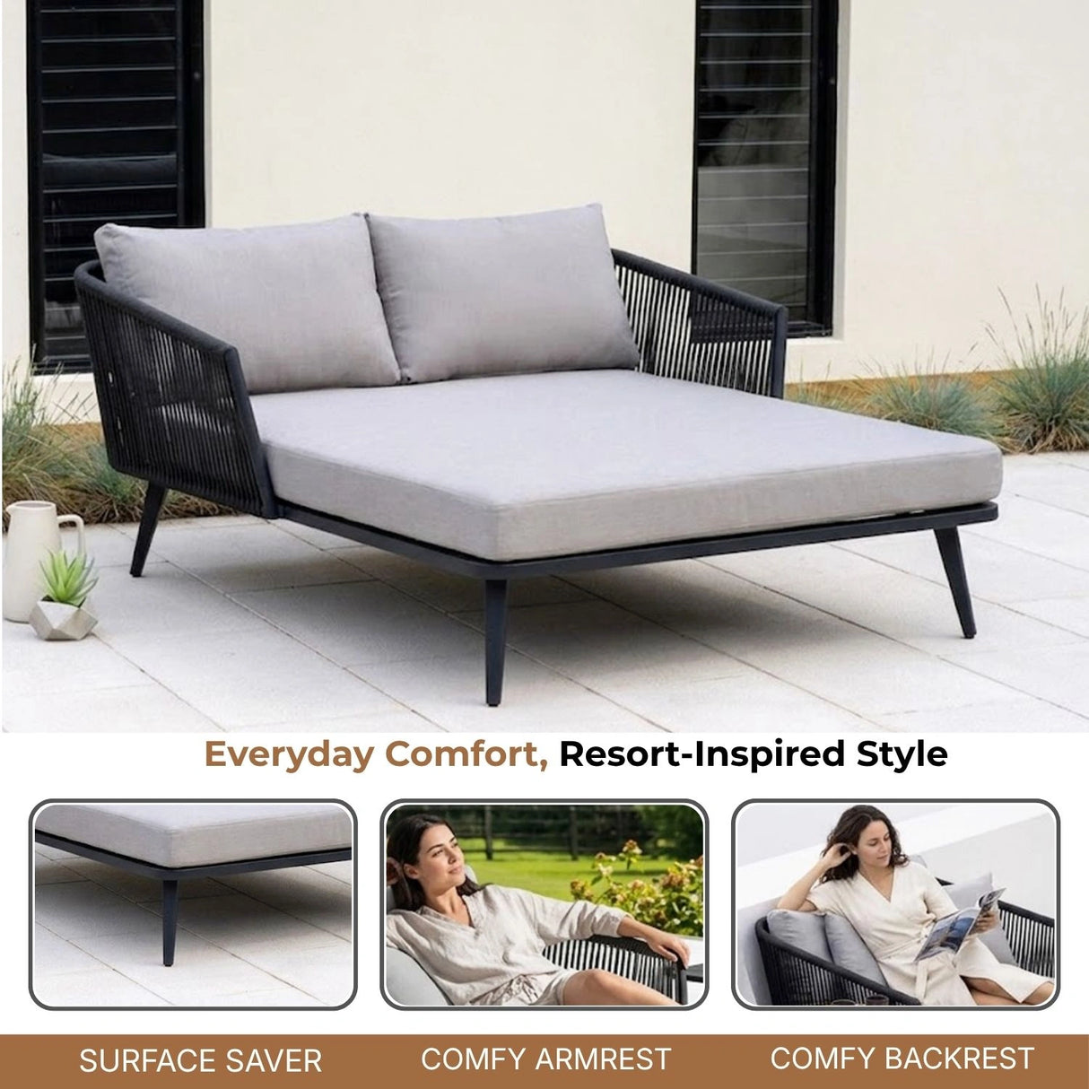 Outdoor Black Rope Patio Daybed with Comfortable Grey Cushion