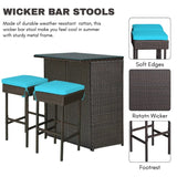Outdoor Wicker Bar Set with Glass Top, 2 Cushioned Stools
