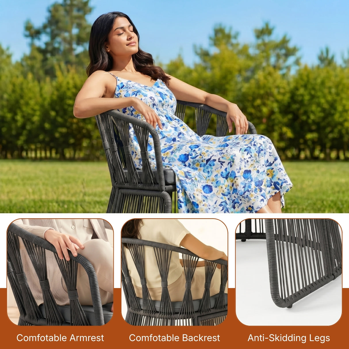 Outdoor Rope 3-Piece Patio Set (Grey & Dark Grey)